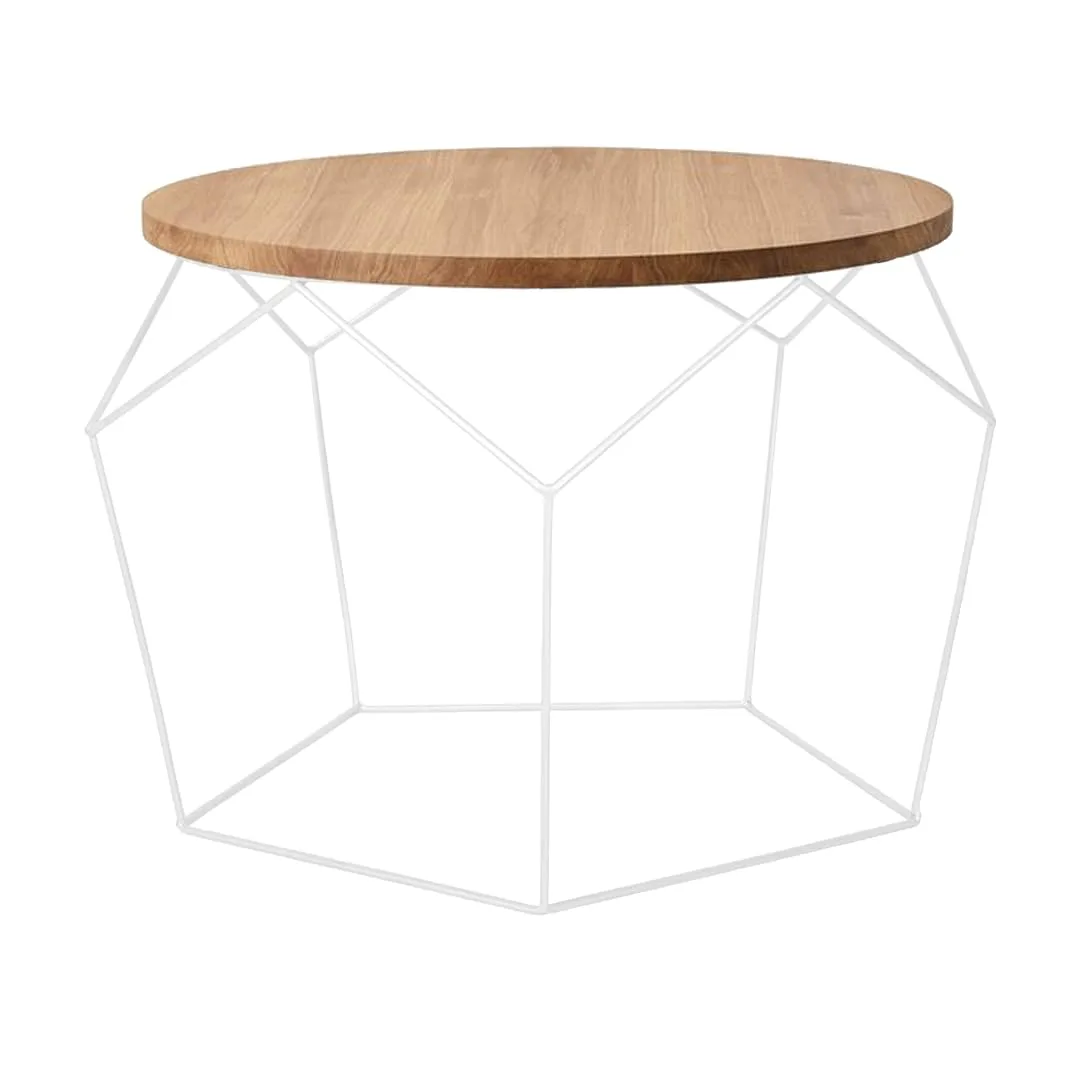Pentagon-Frame Round Coffee Table, White with Wood